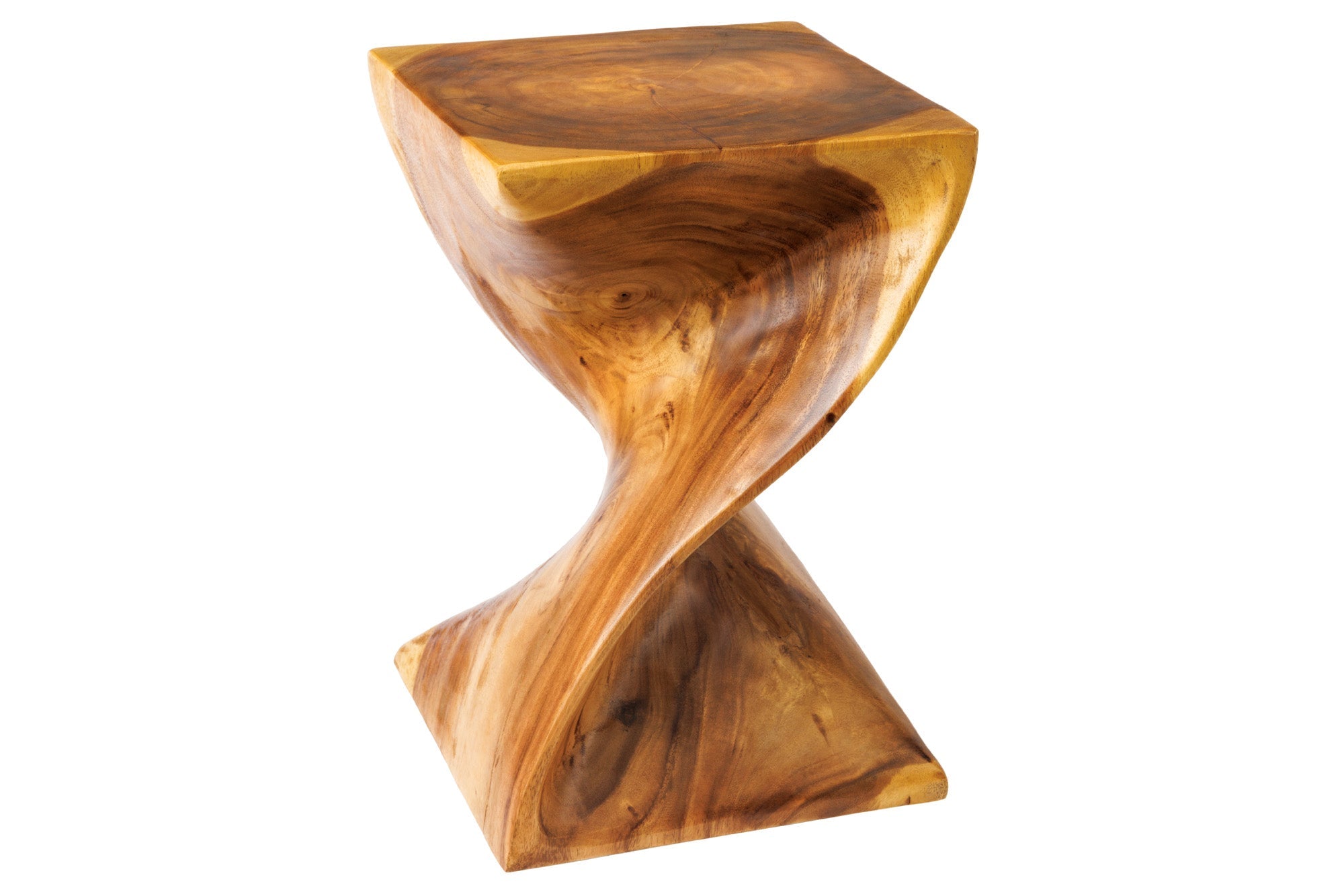 HELIX Mesa auxiliar escultórica de 30cm en madera natural de Suar hecha a mano en Bali taburete