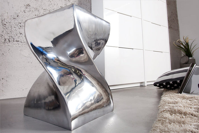 Table d'appoint sculpturale TWIST 45cm tabouret en aluminium poli argenté Design moderne