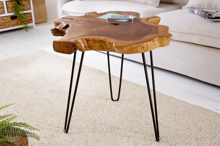 Table d'appoint unique WILD 50 cm en bois de teck massif avec pieds en métal noir