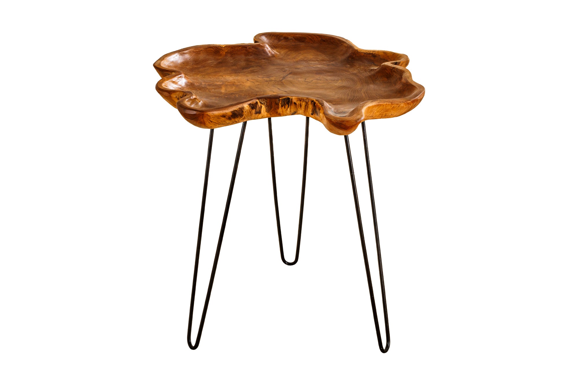 Table d'appoint unique WILD 65 cm en teck naturel avec pieds en épingle à cheveux