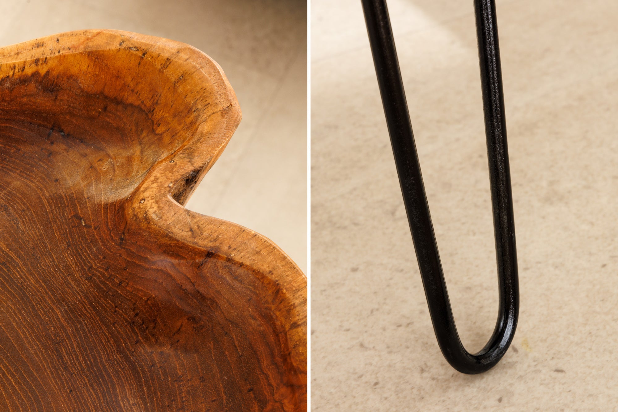 Table d'appoint unique WILD 65 cm en teck naturel avec pieds en épingle à cheveux