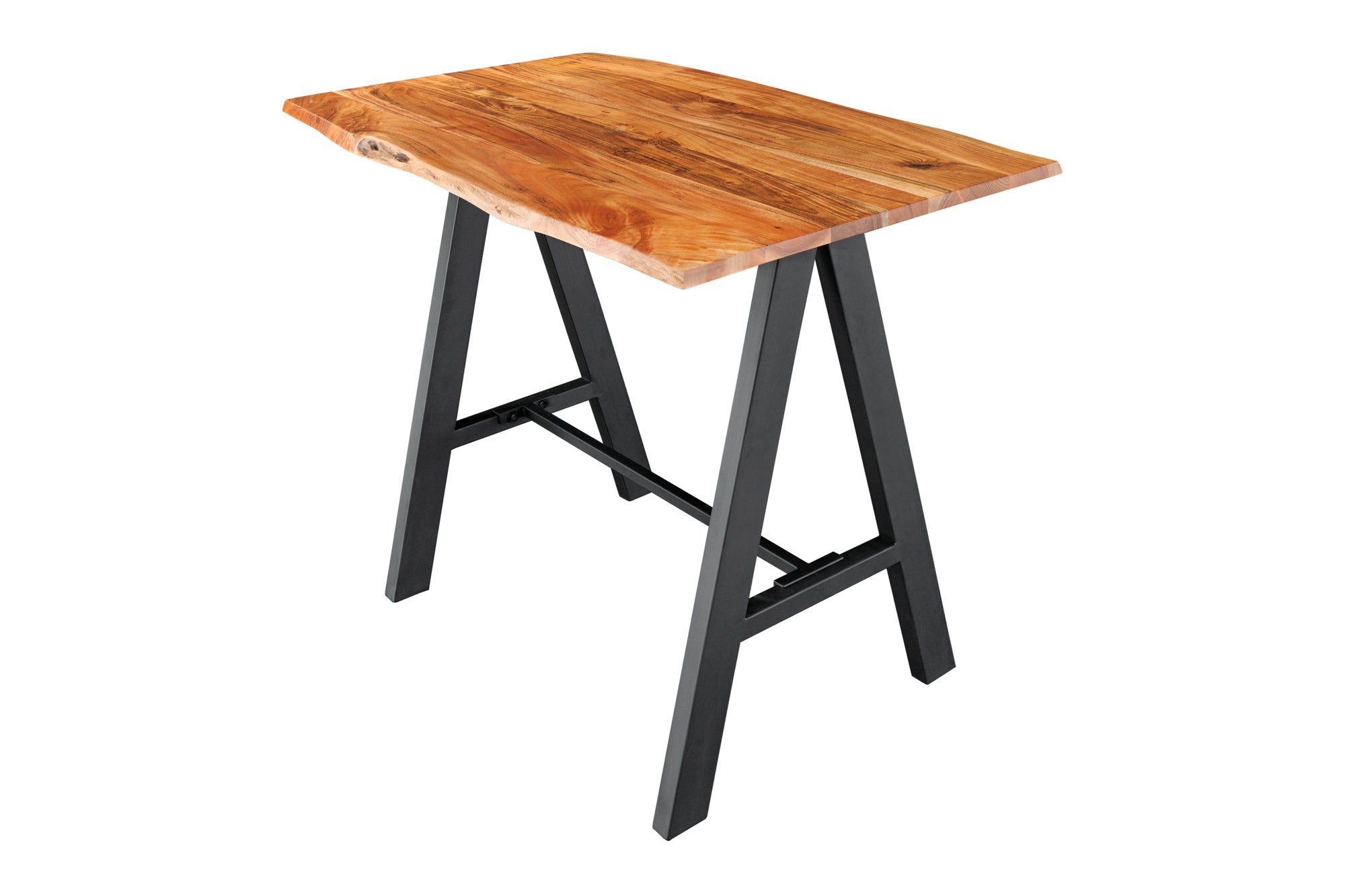 Table de bar en bois massif MAMMUT 120cm acacia naturel bord métal noir avec repose-pieds