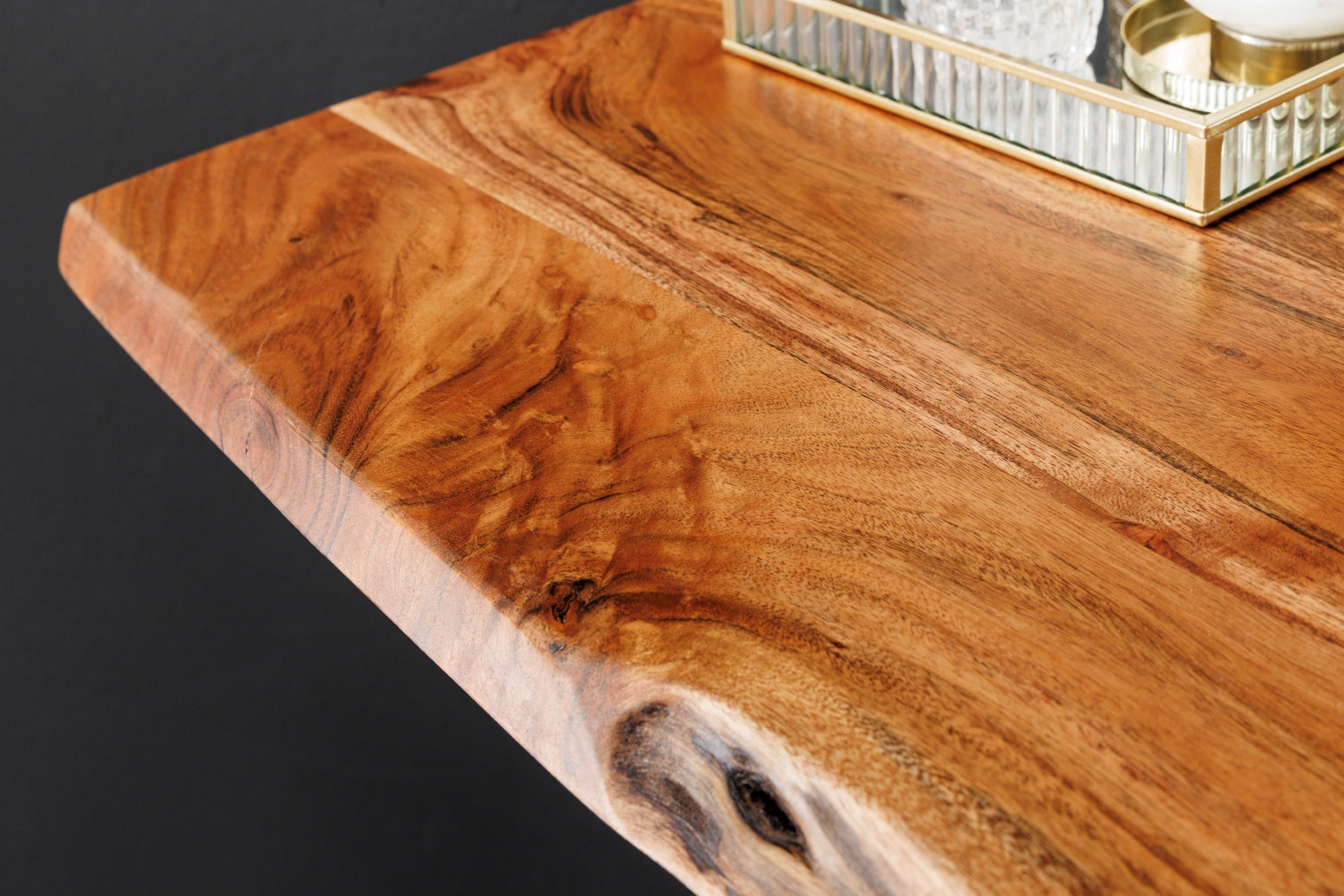 Table de bar en bois massif MAMMUT 120cm acacia naturel bord métal noir avec repose-pieds