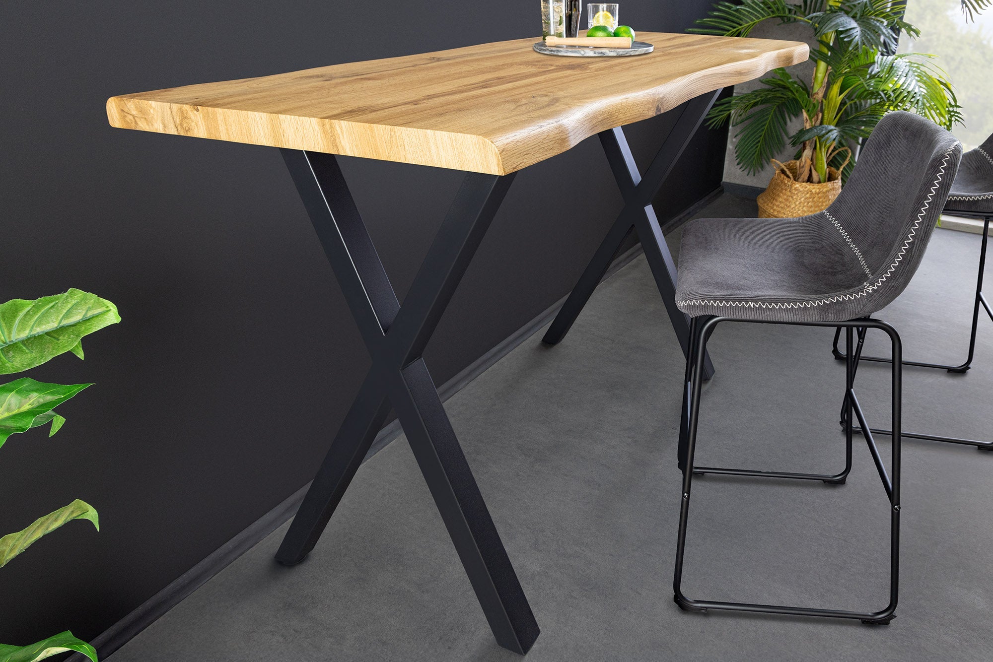 Table de bar industrielle WILD 120cm aspect chêne sauvage marron structure en X métal noir