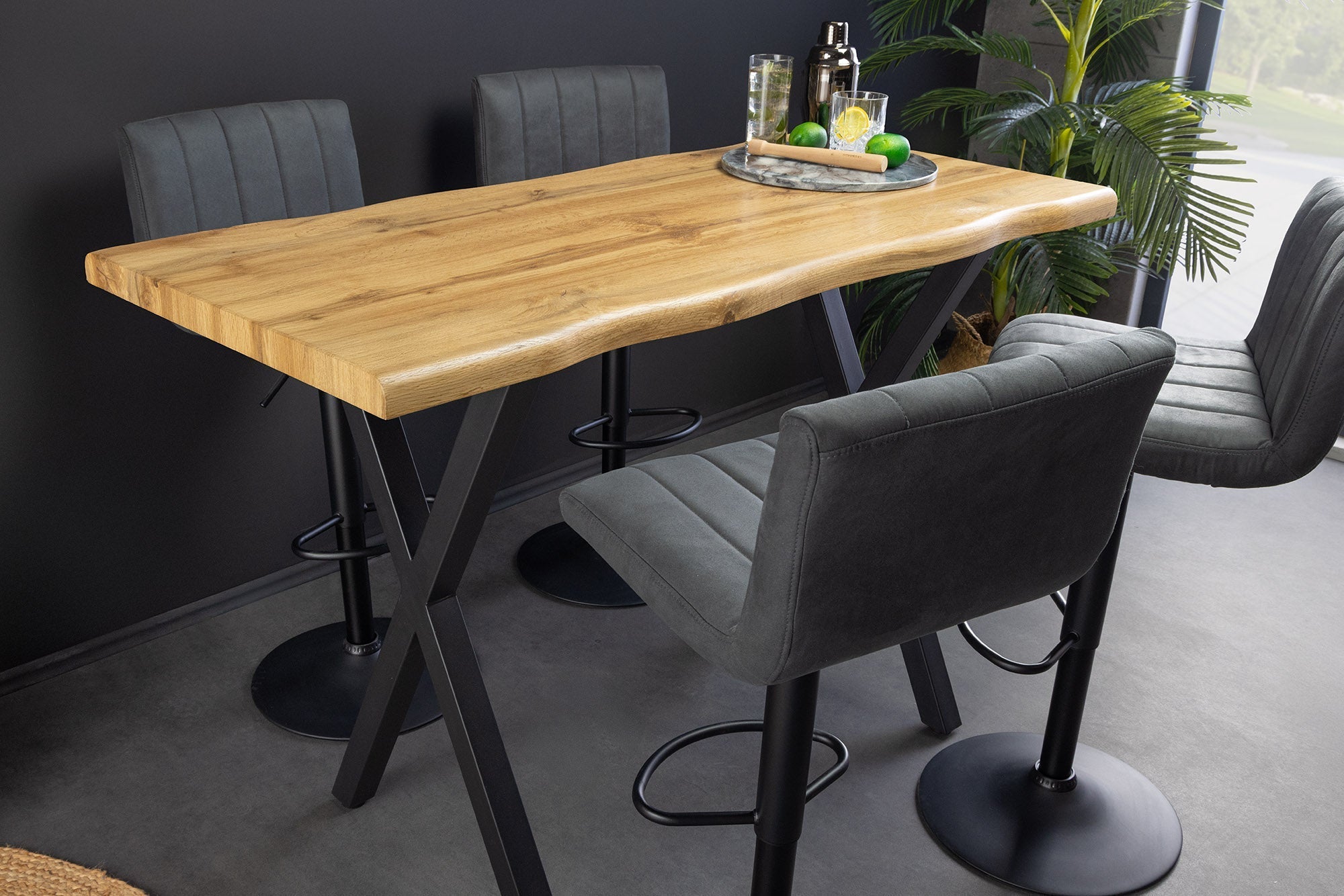 Table de bar industrielle WILD 120cm aspect chêne sauvage marron structure en X métal noir