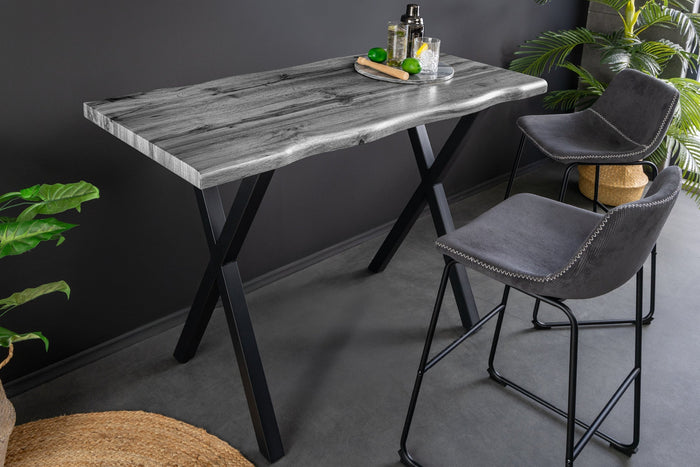 Table de bar industrielle WILD 120cm chêne sauvage gris design métal noir structure en X