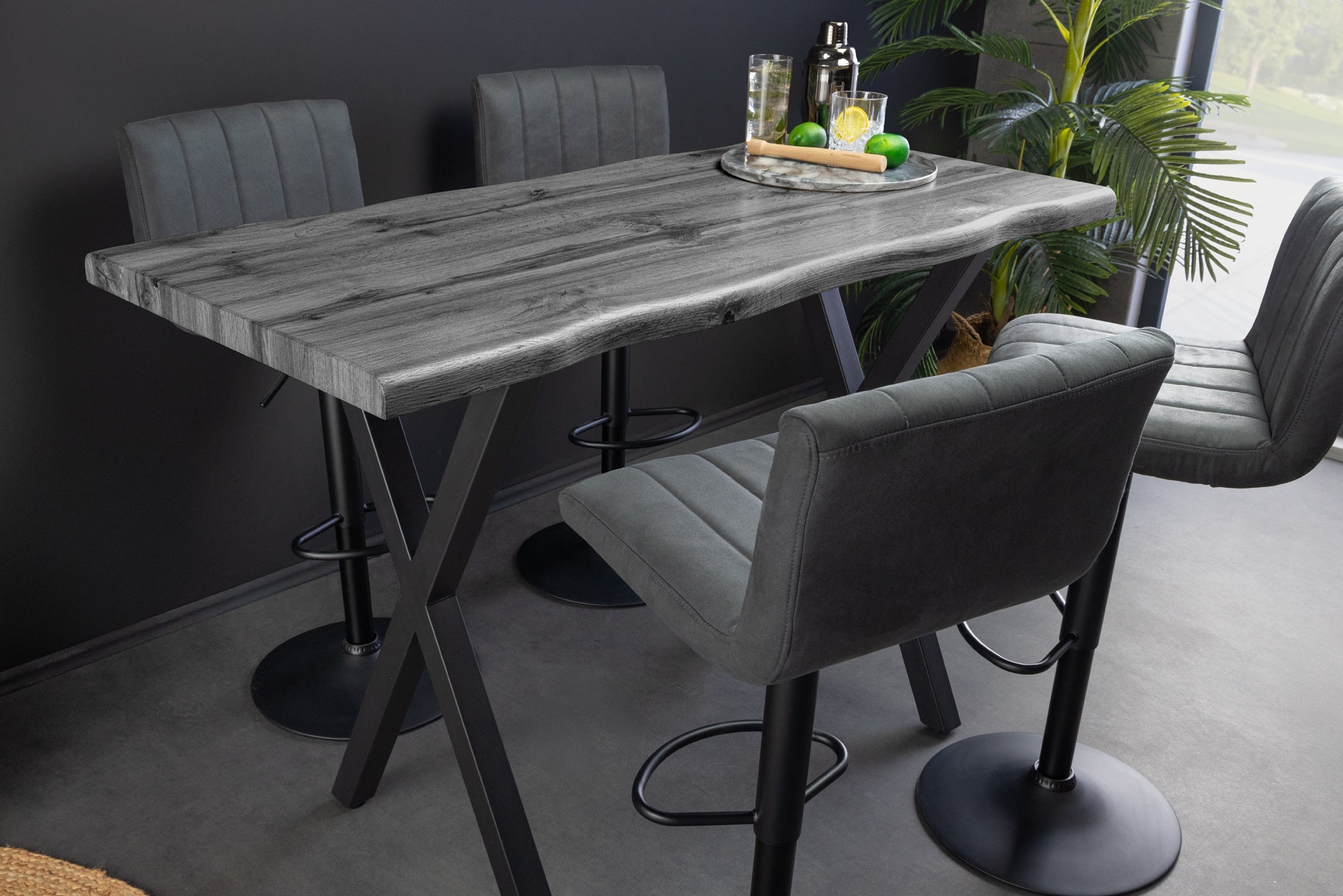 Table de bar industrielle WILD 120cm chêne sauvage gris design métal noir structure en X