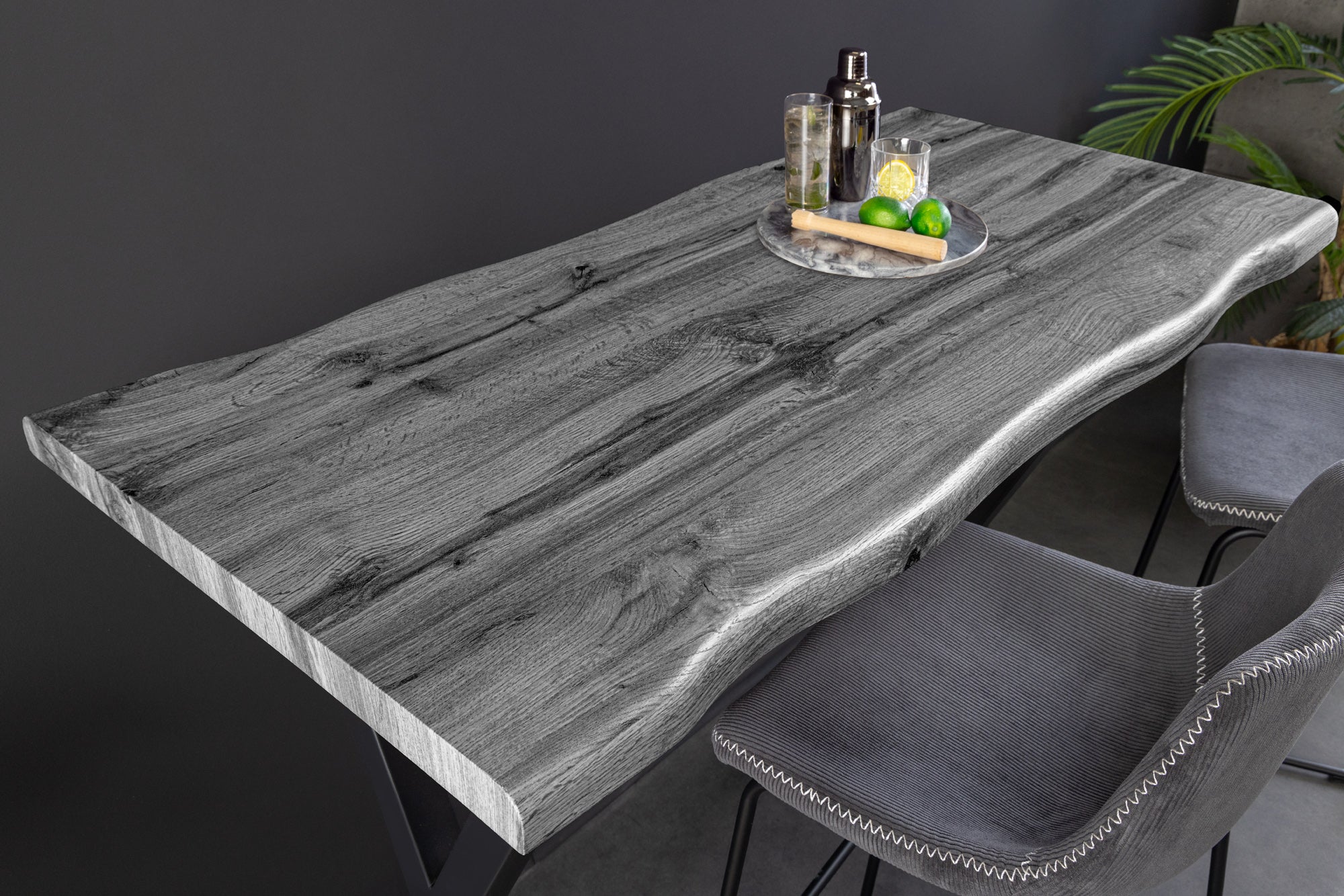 Table de bar industrielle WILD 120cm chêne sauvage gris design métal noir structure en X