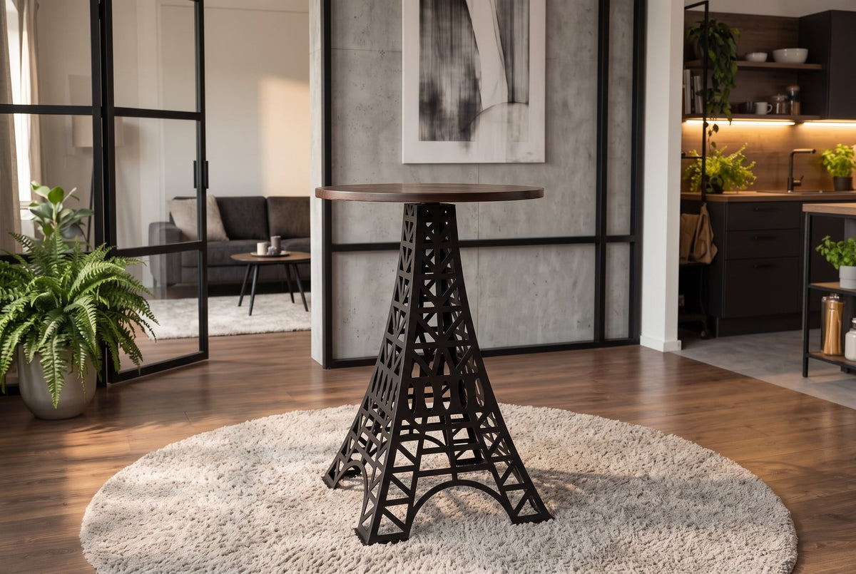 Table de bar ronde PARIS LOFT 105cm en manguier marron foncé design Tour Eiffel