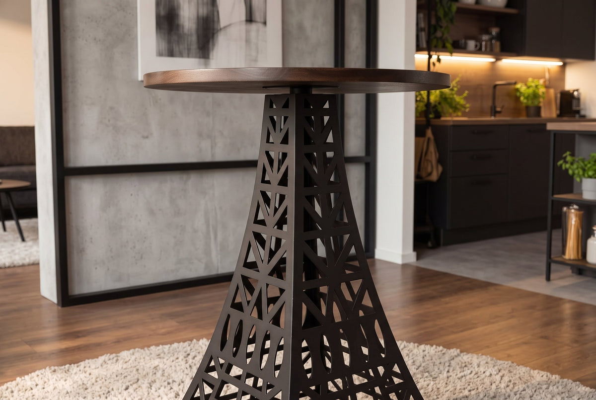 Table de bar ronde PARIS LOFT 105cm en manguier marron foncé design Tour Eiffel