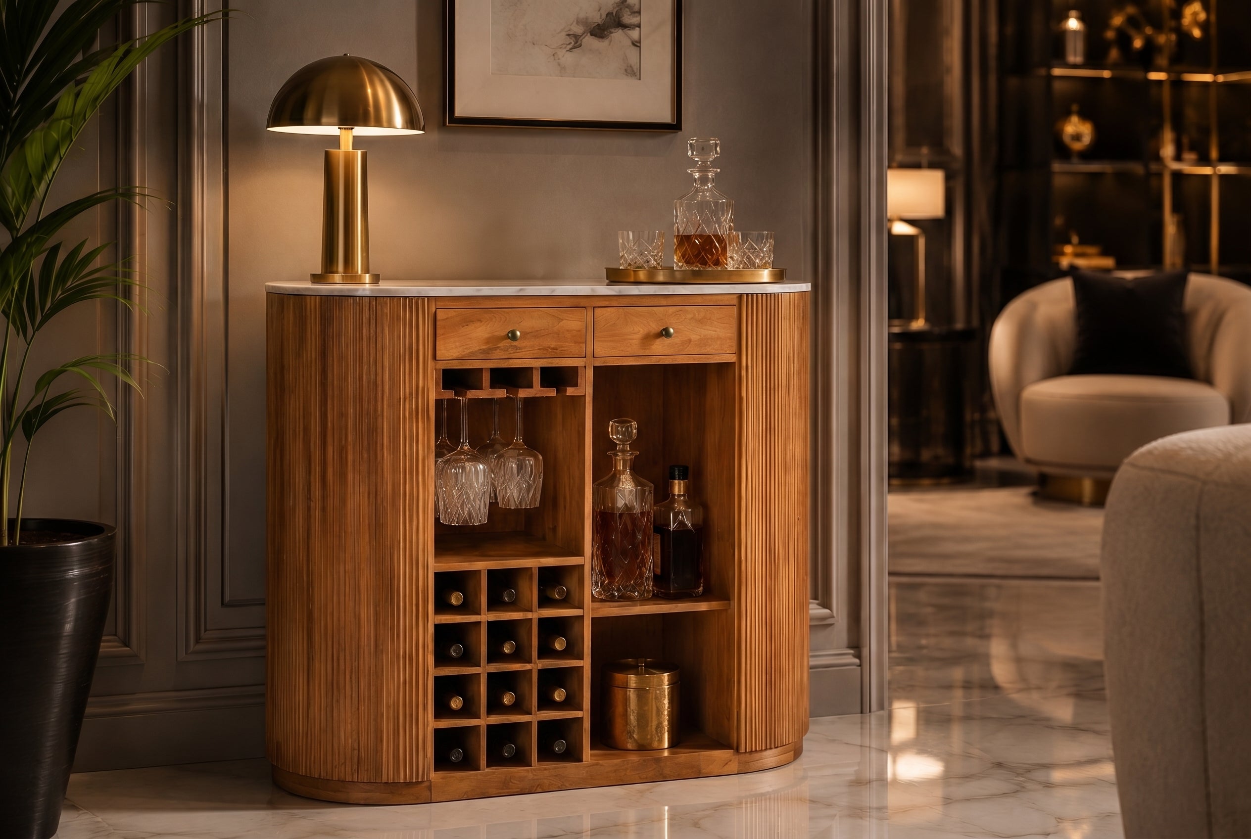 Table de bar solide TRES CHIC 120cm bois de manguier marron marbre blanc avec étagère à bouteilles