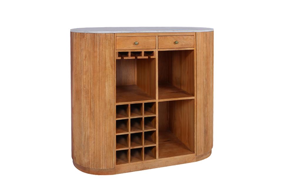 Table de bar solide TRES CHIC 120cm bois de manguier marron marbre blanc avec étagère à bouteilles