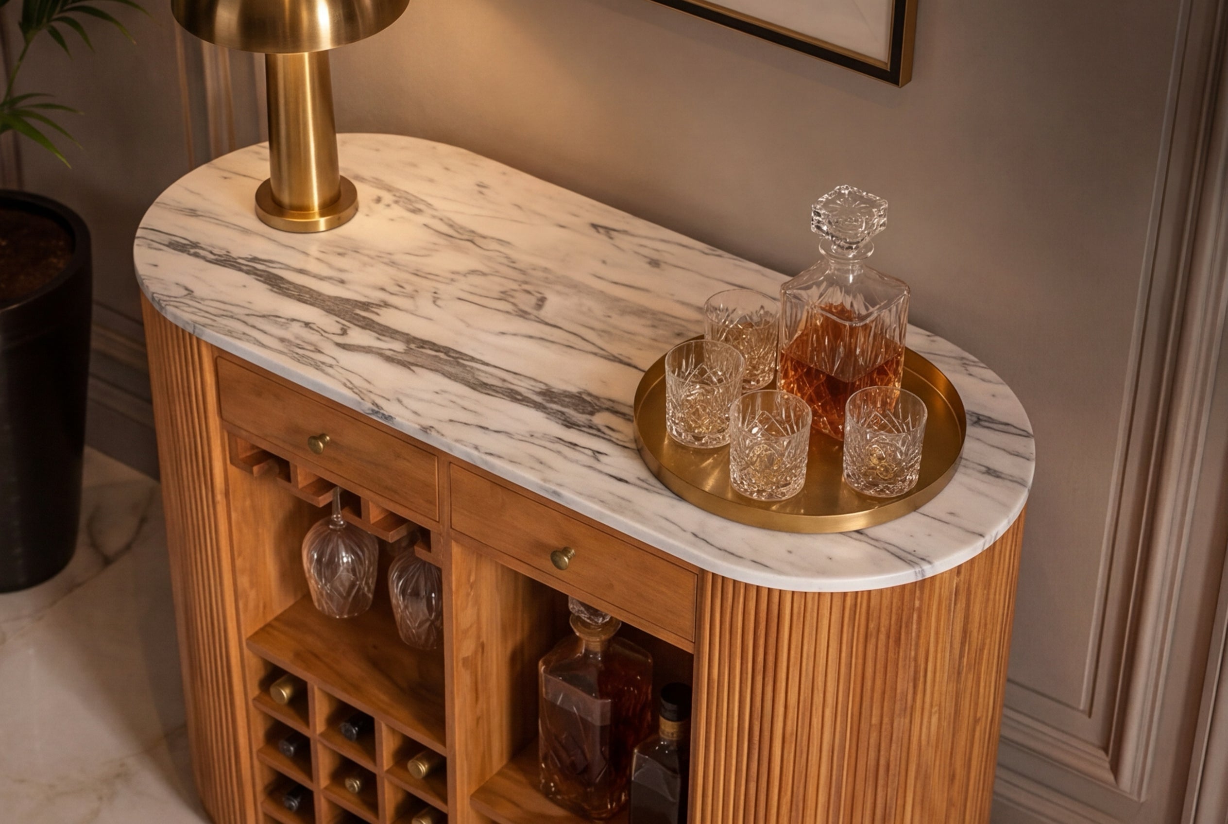 Table de bar solide TRES CHIC 120cm bois de manguier marron marbre blanc avec étagère à bouteilles