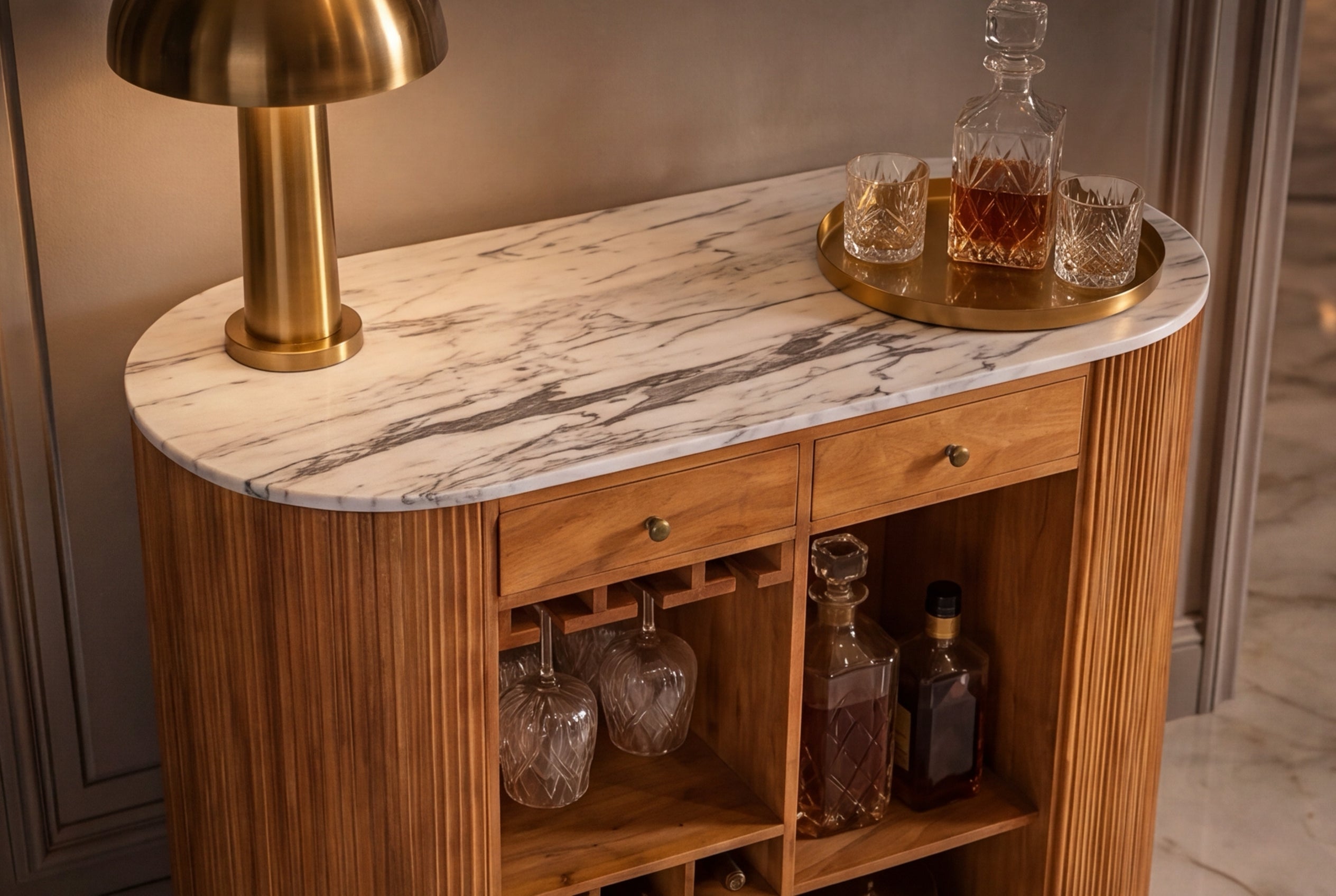 Table de bar solide TRES CHIC 120cm bois de manguier marron marbre blanc avec étagère à bouteilles