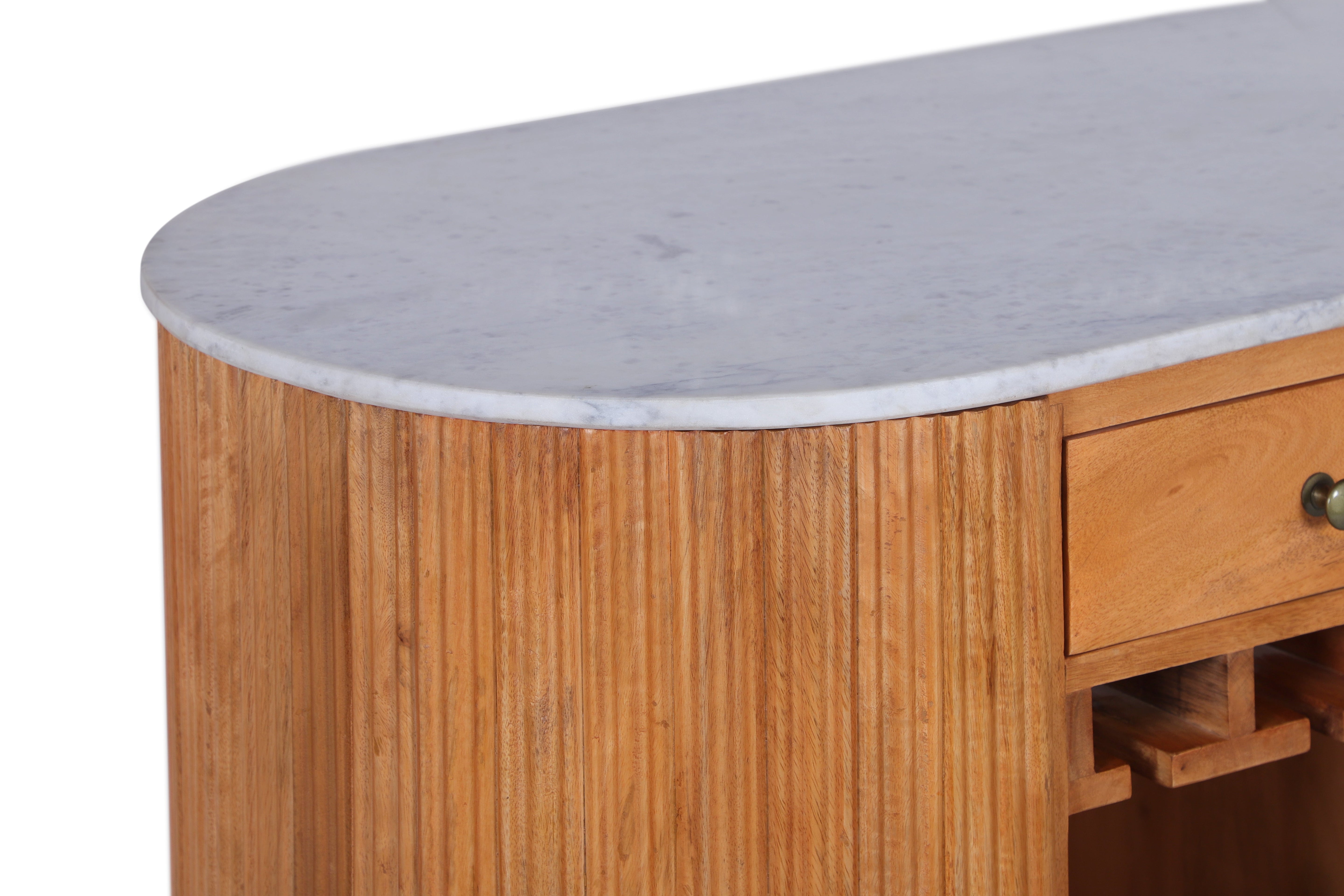 Table de bar solide TRES CHIC 120cm bois de manguier marron marbre blanc avec étagère à bouteilles