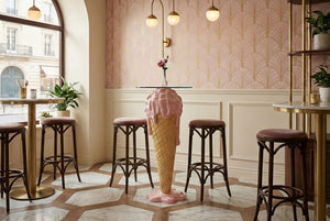 Table de bar unique ICE CREAM 105cm beige rose plateau de table rond en verre fait main