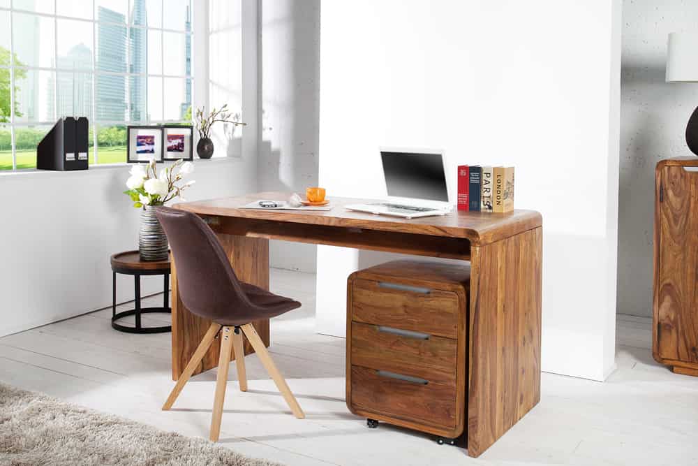 Table de bureau en bois massif CUBUS 120cm bureau en bois de sheesham marron finition pierre