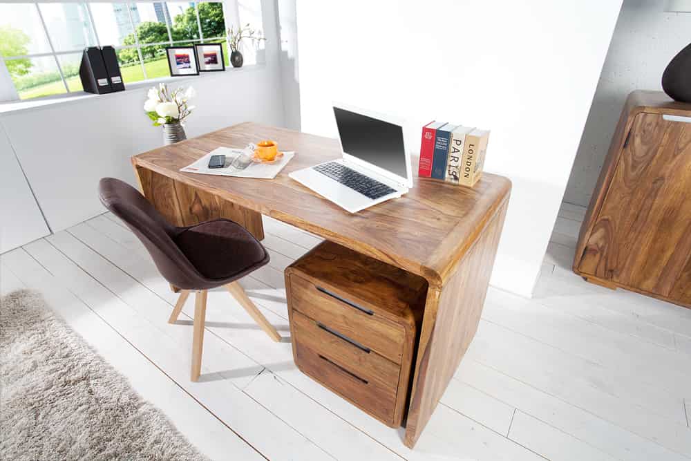 Table de bureau en bois massif CUBUS 120cm bureau en bois de sheesham marron finition pierre