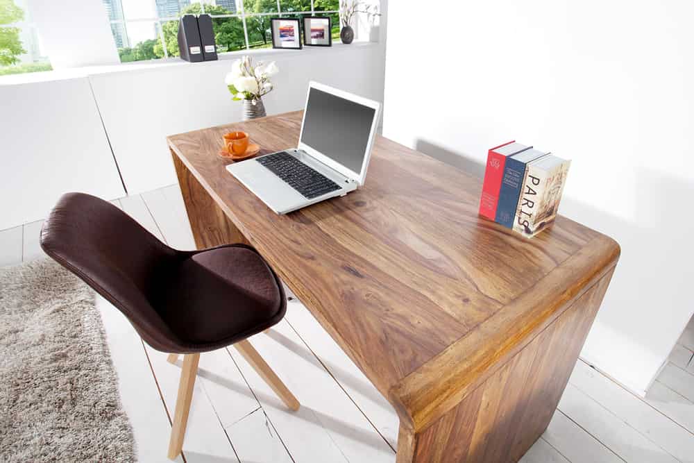 Table de bureau en bois massif CUBUS 120cm bureau en bois de sheesham marron finition pierre