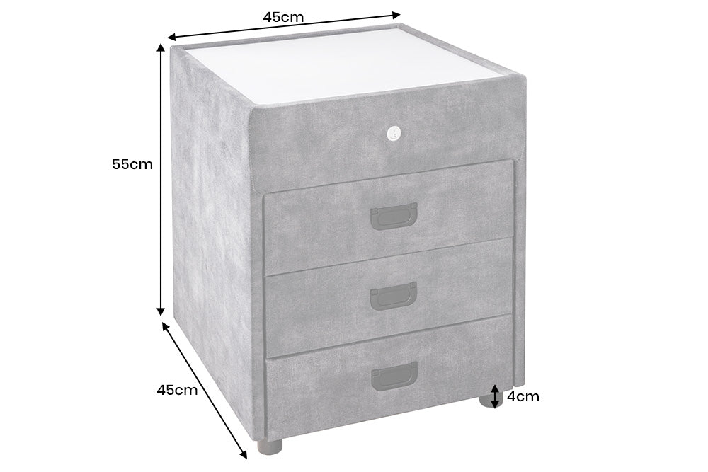 Table de chevet carrée PARIS 55cm velours gris comprenant éclairage et tiroirs