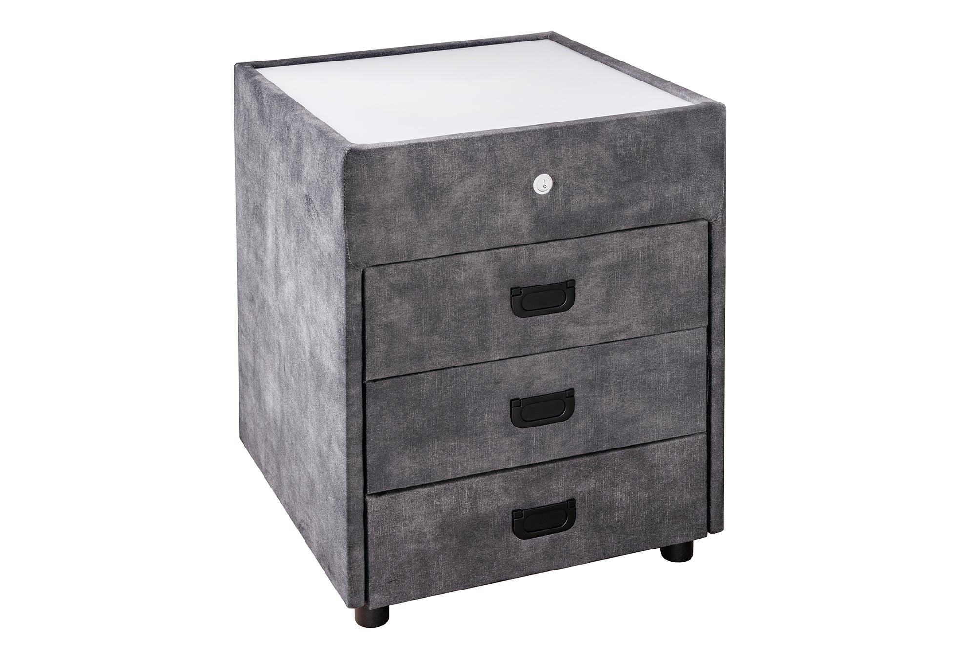 Table de chevet carrée PARIS 55cm velours gris comprenant éclairage et tiroirs