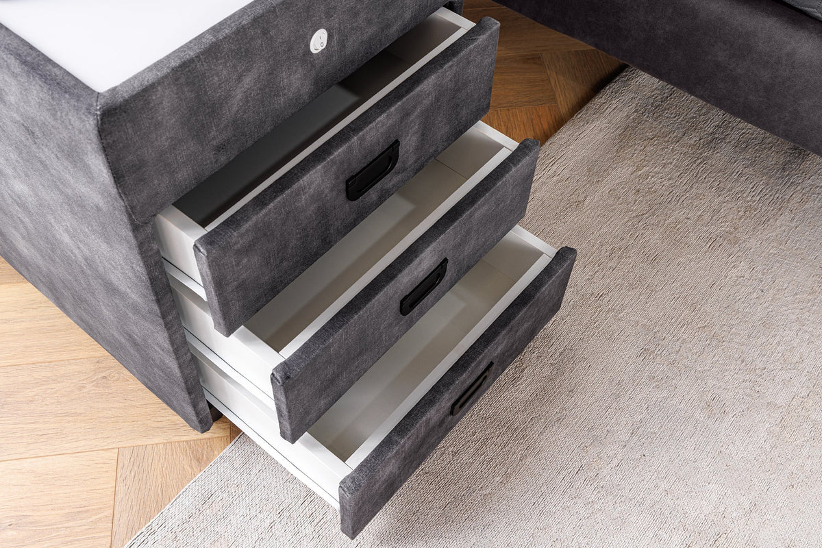 Table de chevet carrée PARIS 55cm velours gris comprenant éclairage et tiroirs
