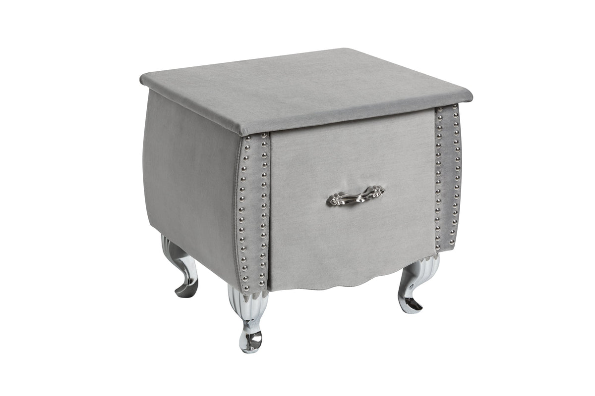 Table de chevet élégante EXTRAVAGANCIA 50cm commode de nuit en velours gris argenté avec tiroir