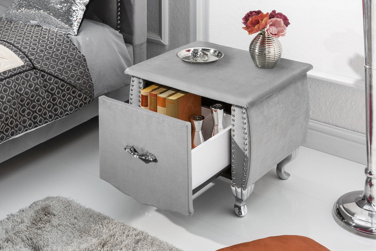 Table de chevet élégante EXTRAVAGANCIA 50cm commode de nuit en velours gris argenté avec tiroir