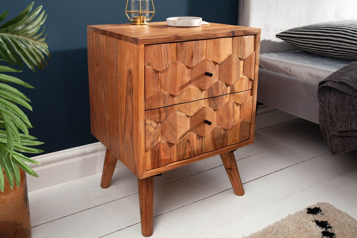 Table de chevet en bois massif MYSTIC LIVING 60cm acacia naturel design 3D avec rangements