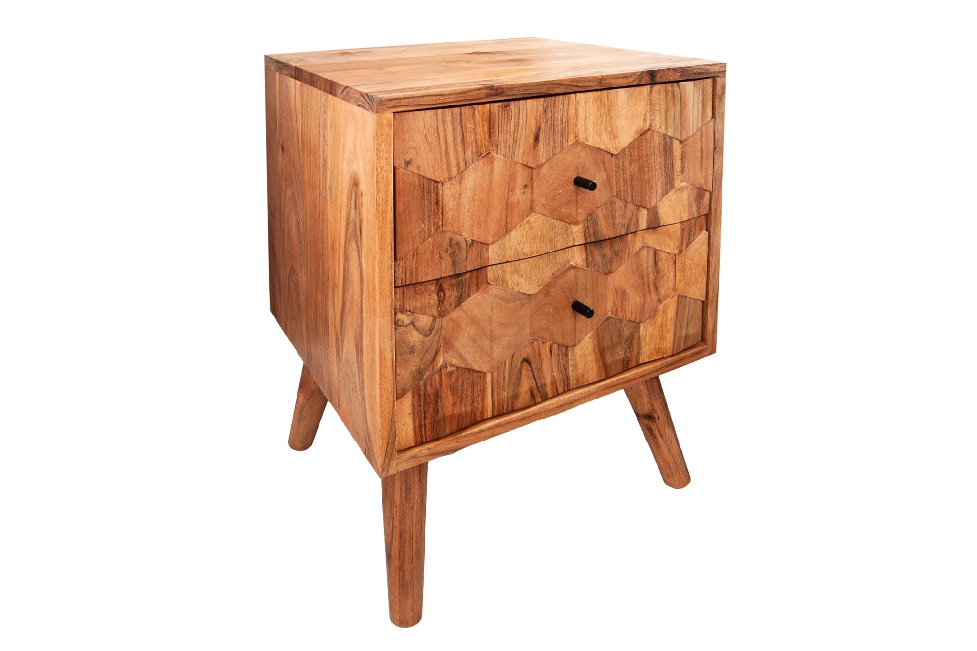 Table de chevet en bois massif MYSTIC LIVING 60cm acacia naturel design 3D avec rangements