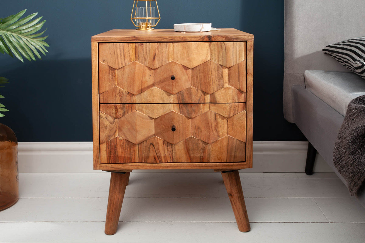 Table de chevet en bois massif MYSTIC LIVING 60cm acacia naturel design 3D avec rangements