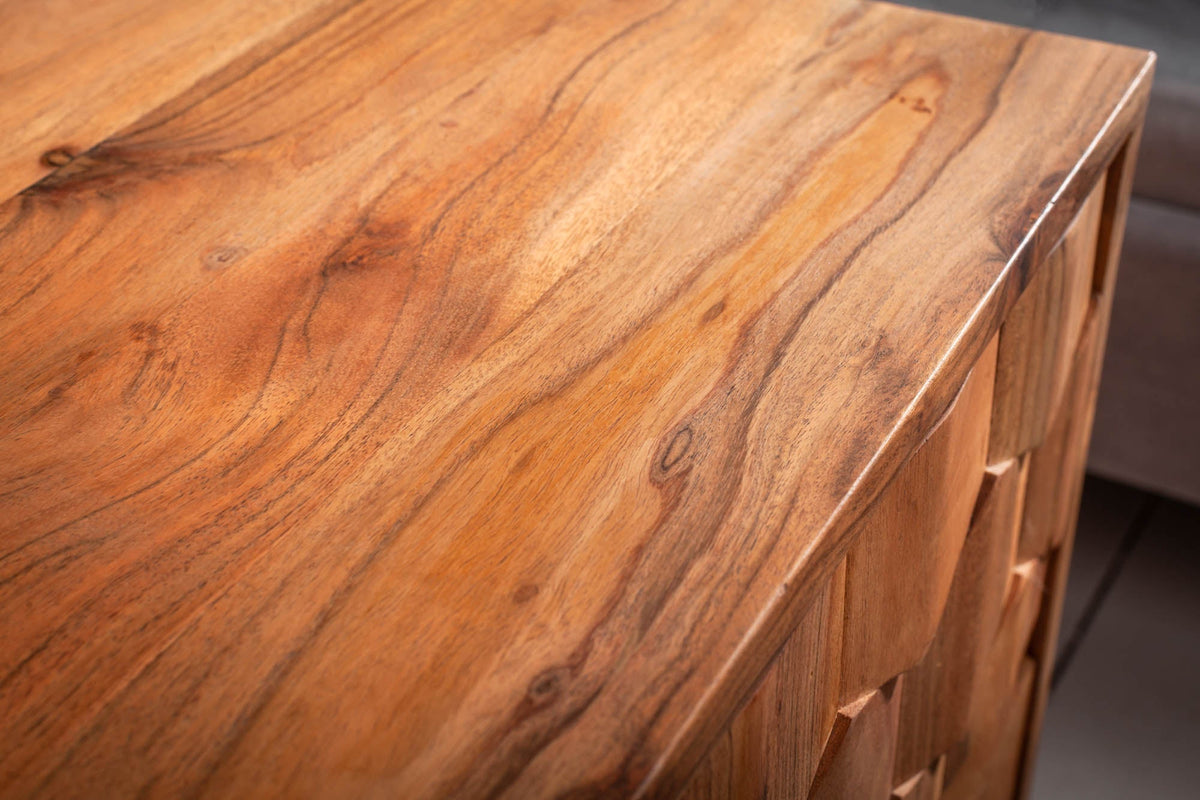 Table de chevet en bois massif MYSTIC LIVING 60cm acacia naturel design 3D avec rangements