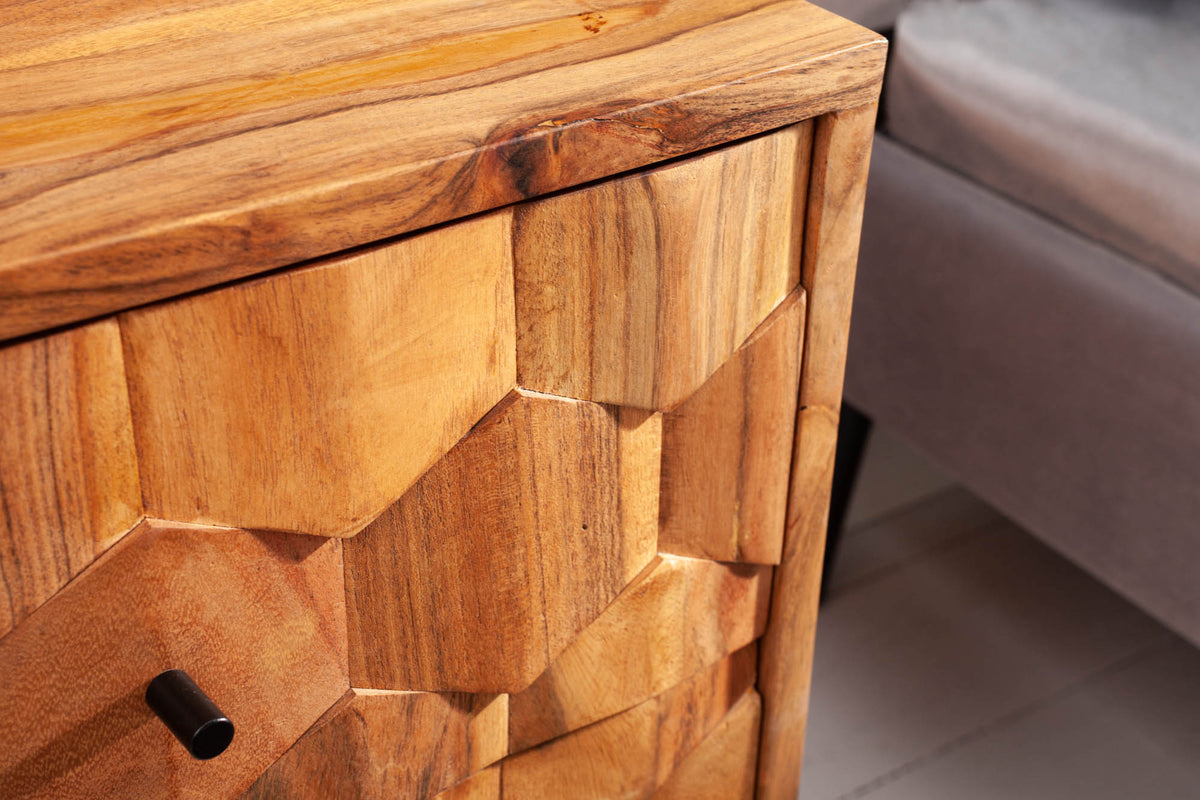 Table de chevet en bois massif MYSTIC LIVING 60cm acacia naturel design 3D avec rangements