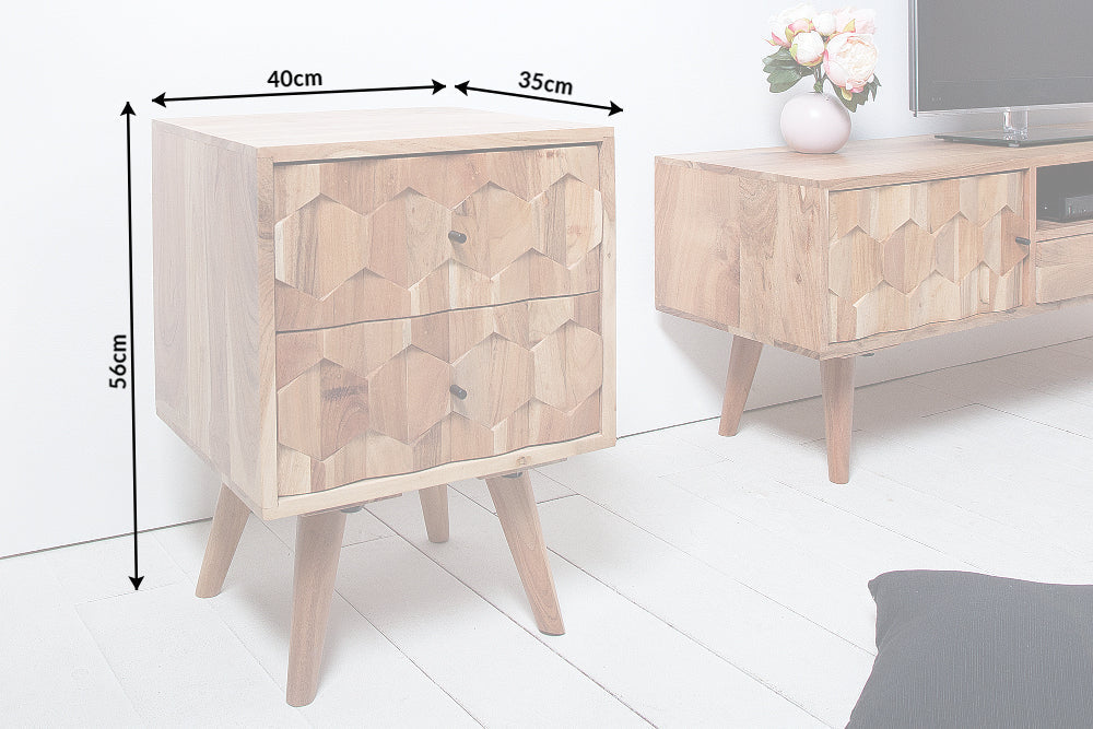 Table de chevet en bois massif MYSTIC LIVING 60cm acacia naturel design 3D avec rangements