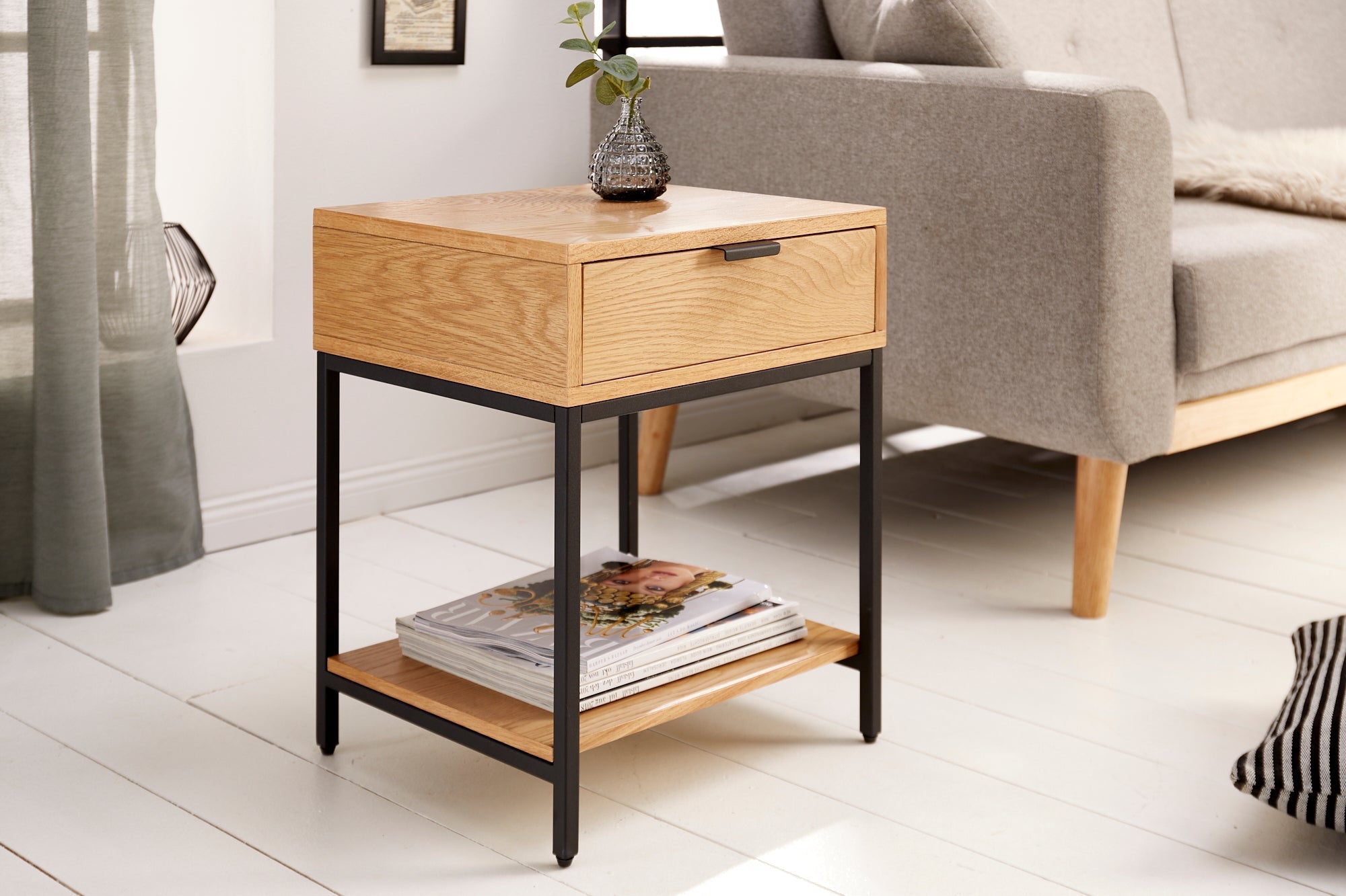 Table de chevet industrielle ELEMENTS Table d’appoint 40cm en chêne avec tiroir