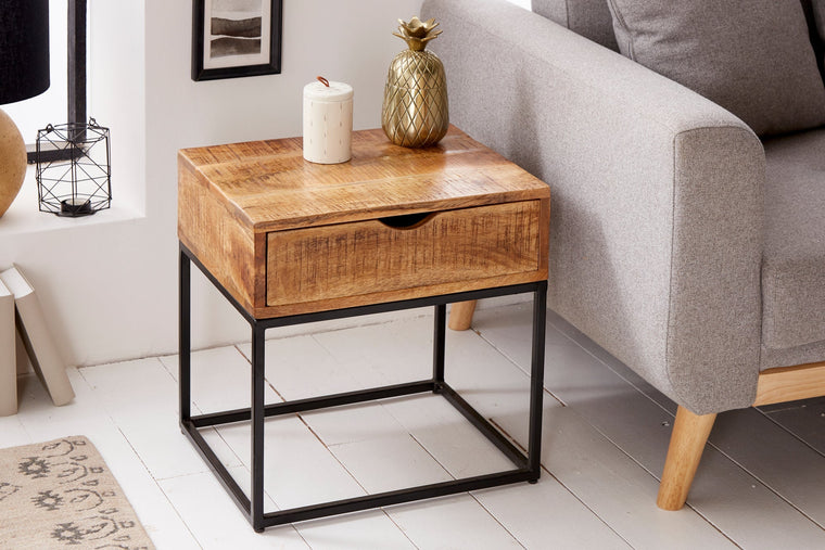 Table de chevet industrielle IRON CRAFT 45cm en bois de manguier avec tiroir