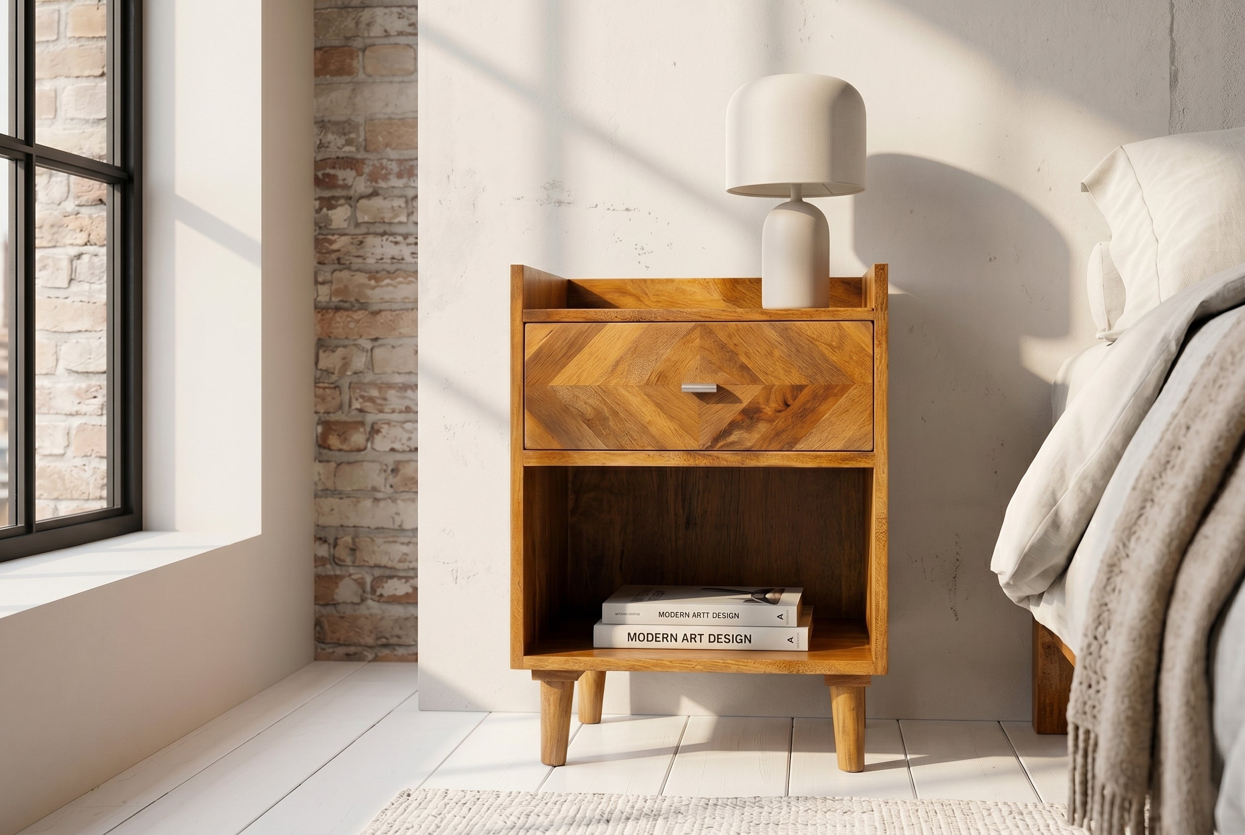 Table de chevet massive INFINITY 60cm en bois de manguier naturel avec compartiment et tiroir