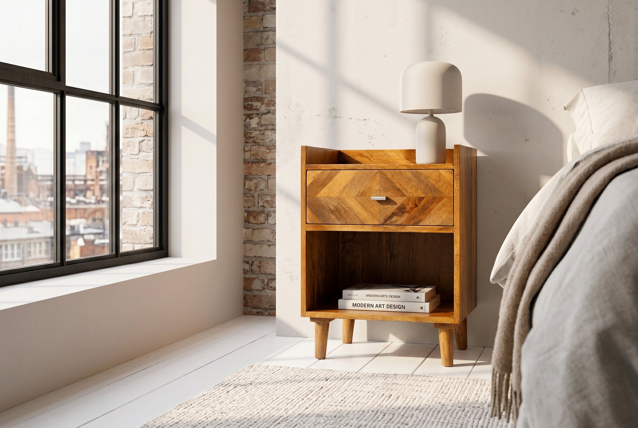 Table de chevet massive INFINITY 60cm en bois de manguier naturel avec compartiment et tiroir
