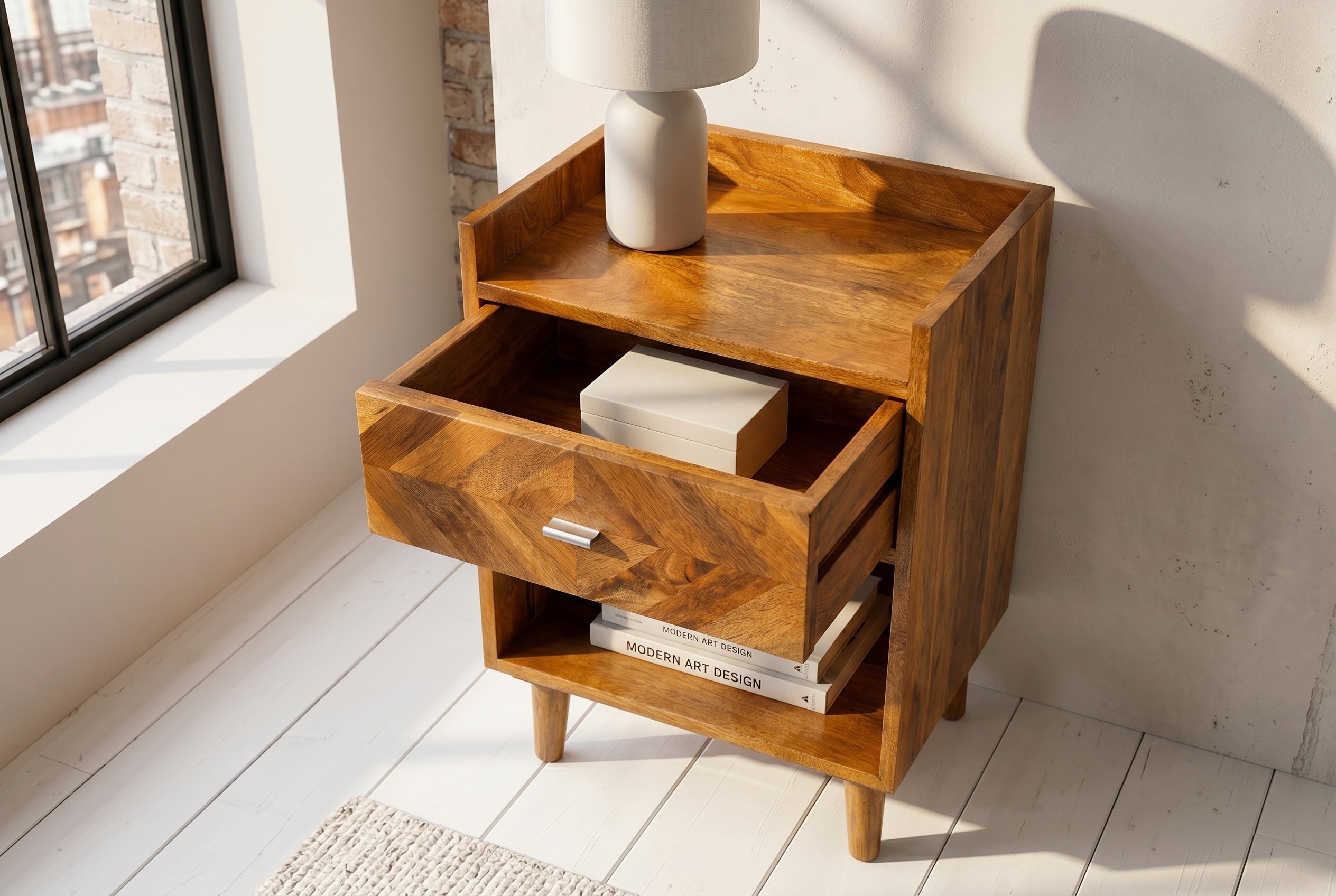 Table de chevet massive INFINITY 60cm en bois de manguier naturel avec compartiment et tiroir
