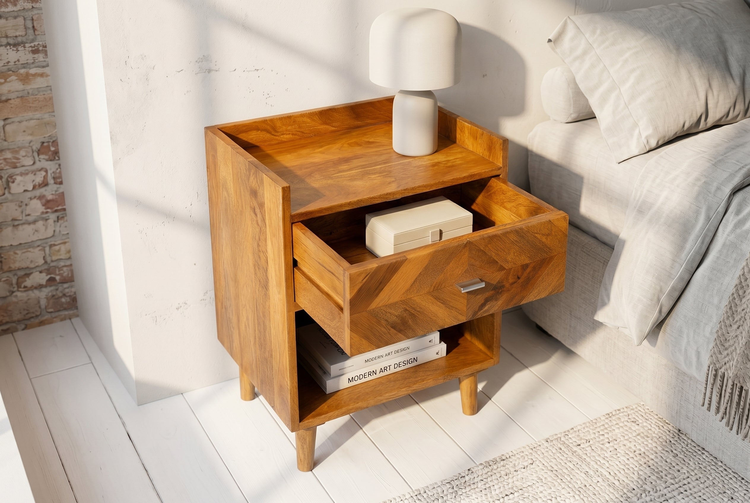 Table de chevet massive INFINITY 60cm en bois de manguier naturel avec compartiment et tiroir