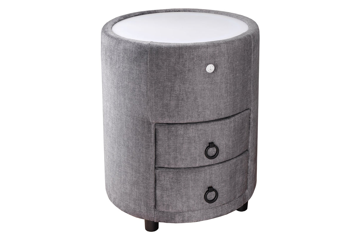 Table de chevet ronde SIGNUM 55cm tissu velours de soie gris Vogue incl. tiroirs d’éclairage