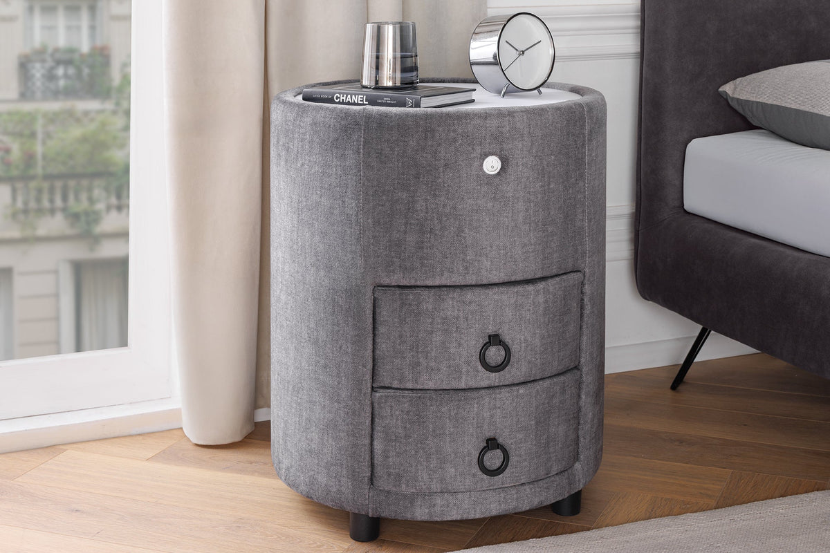 Table de chevet ronde SIGNUM 55cm tissu velours de soie gris Vogue incl. tiroirs d’éclairage