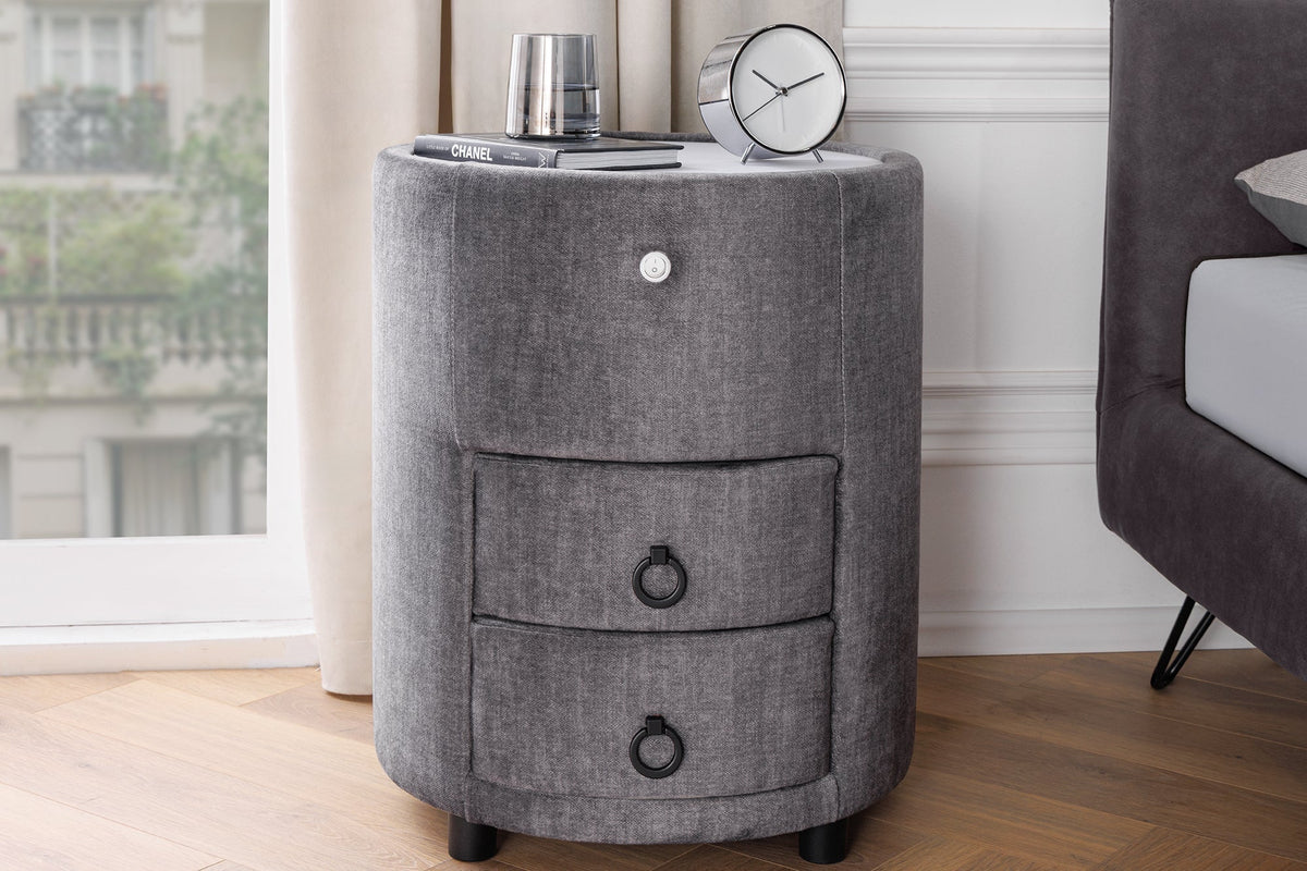 Table de chevet ronde SIGNUM 55cm tissu velours de soie gris Vogue incl. tiroirs d’éclairage