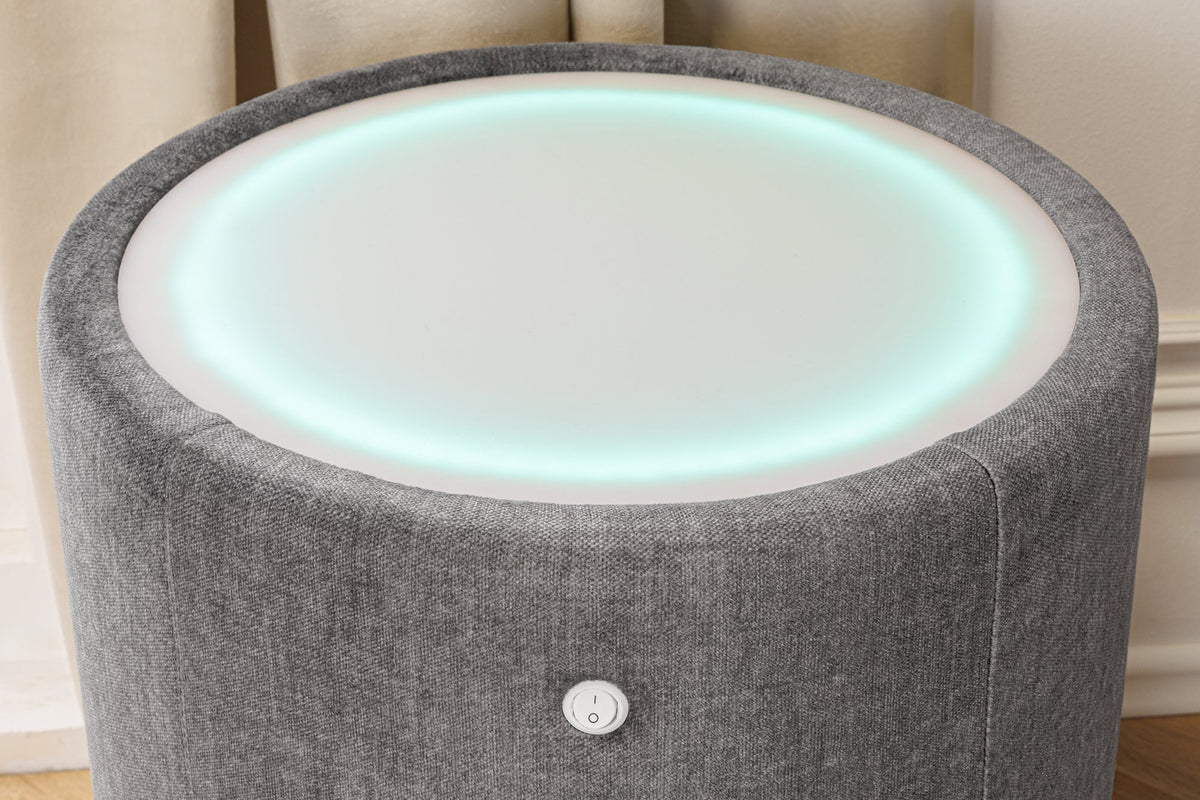 Table de chevet ronde SIGNUM 55cm tissu velours de soie gris Vogue incl. tiroirs d’éclairage