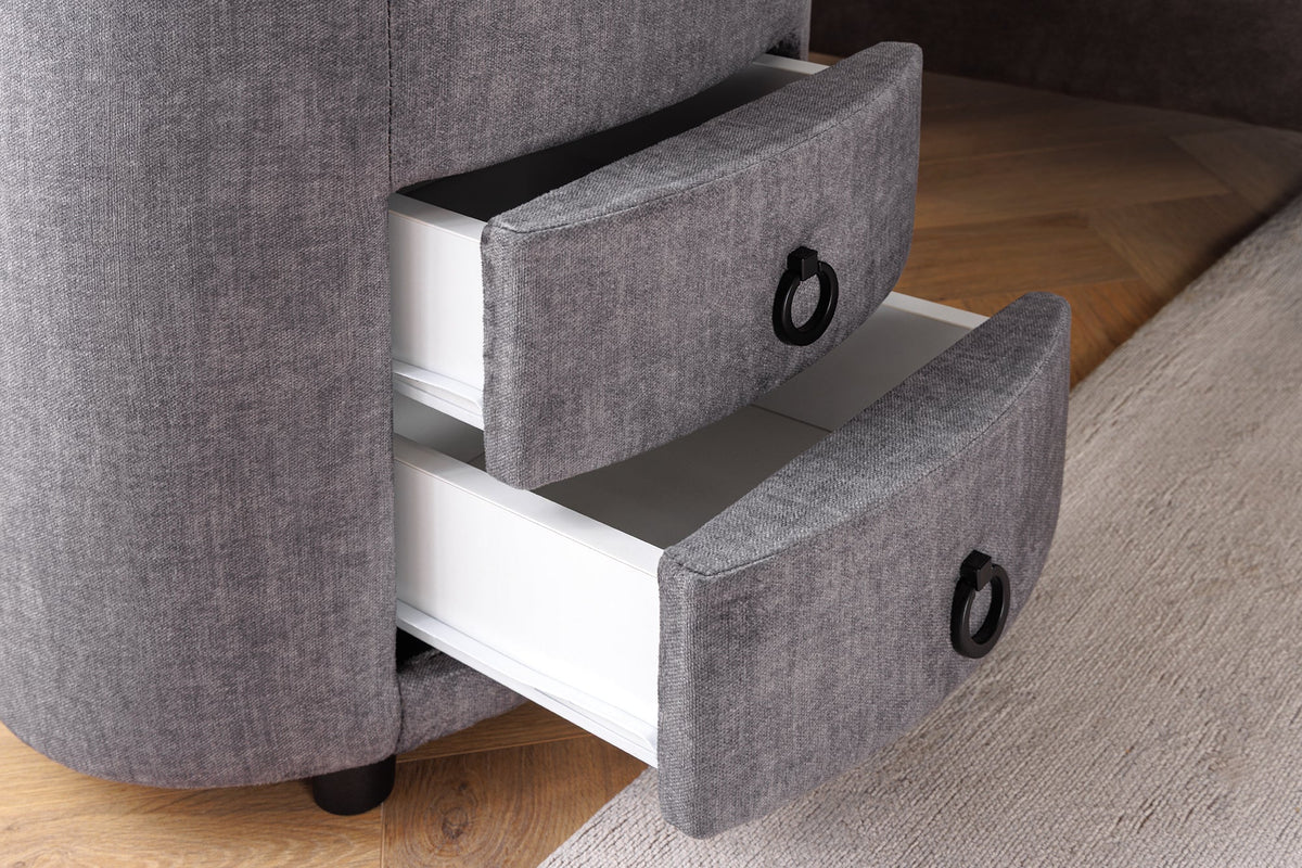 Table de chevet ronde SIGNUM 55cm tissu velours de soie gris Vogue incl. tiroirs d’éclairage