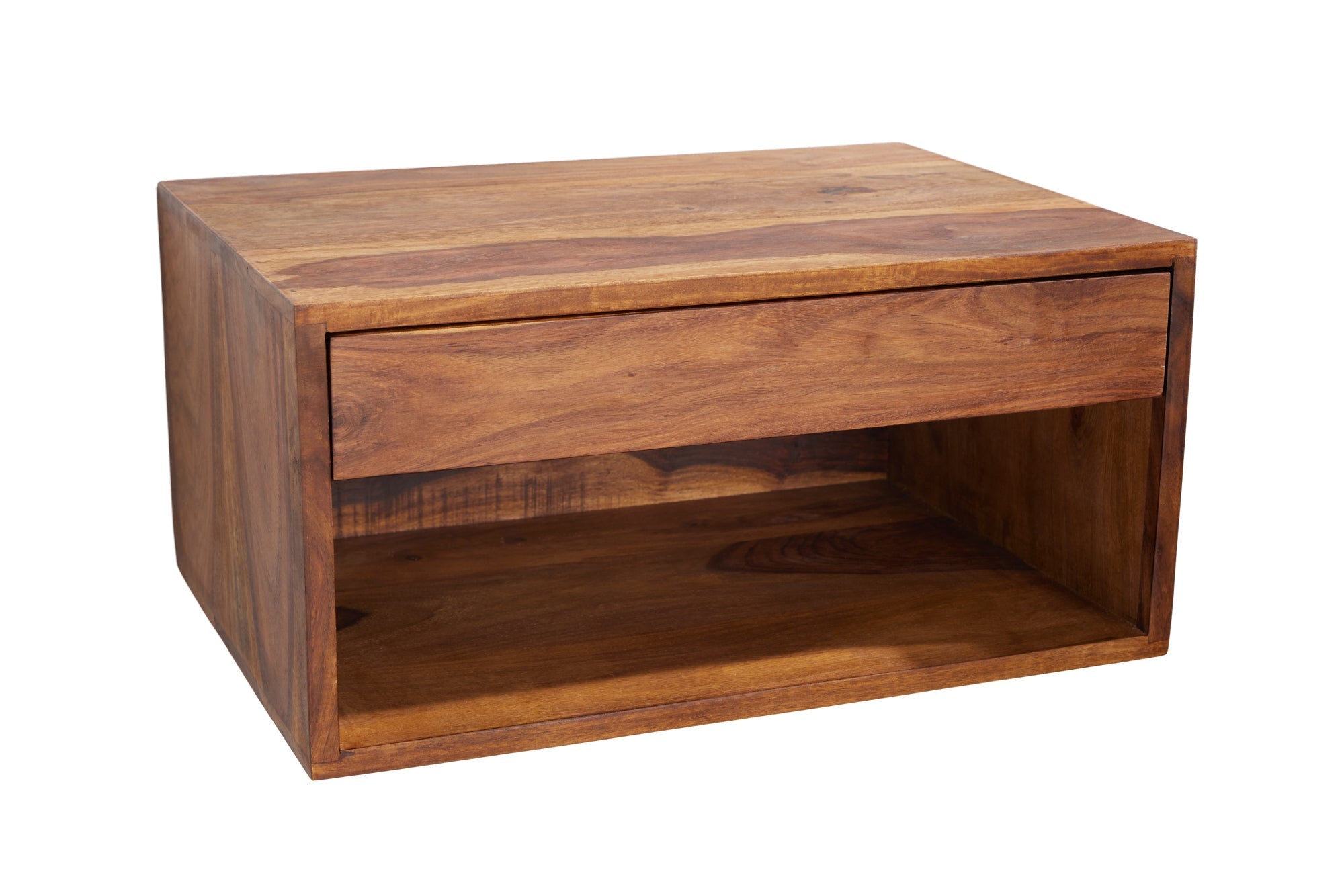 Table de chevet suspendue PURE 50cm marron Sheesham bois massif finition pierre étagère tiroir