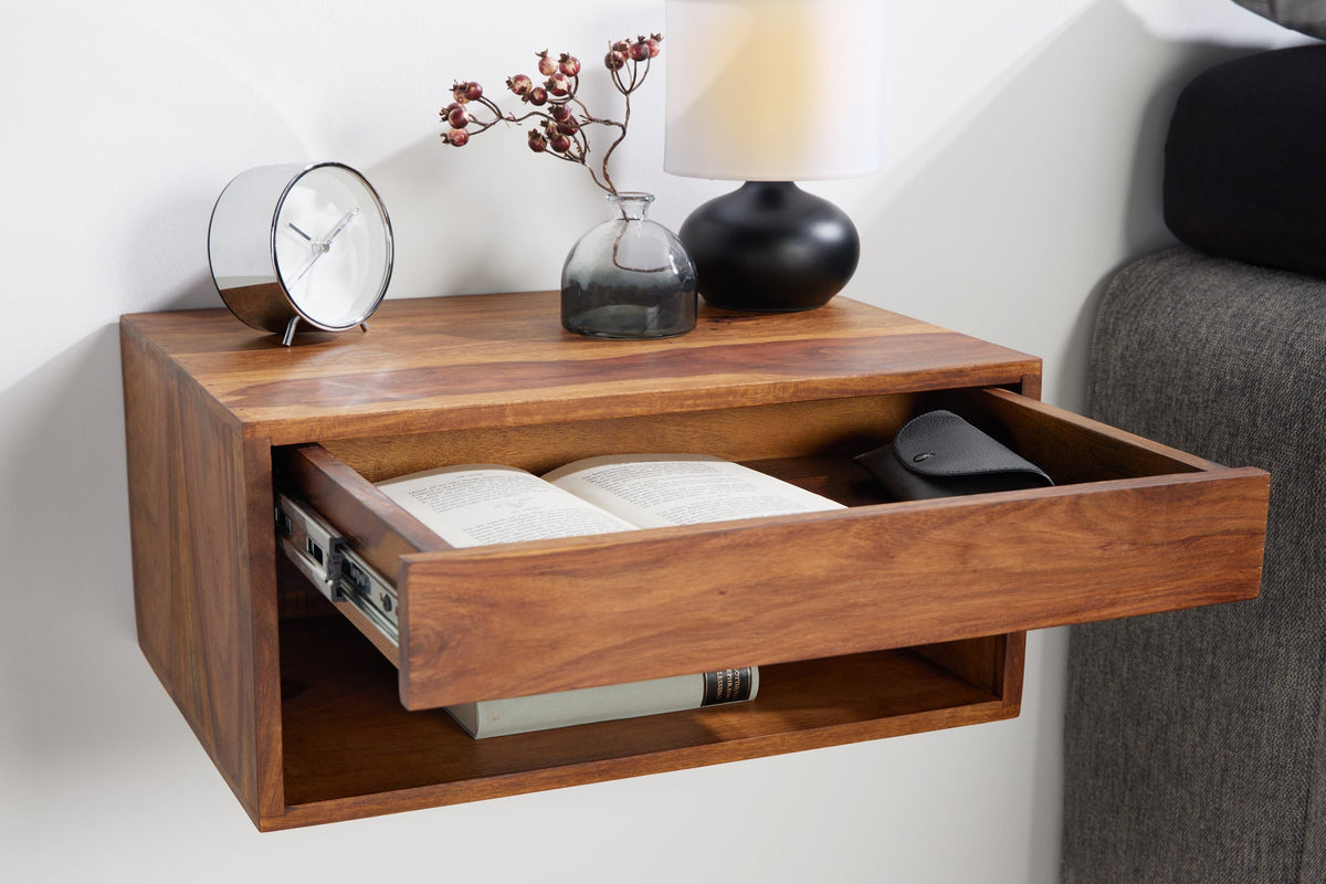 Table de chevet suspendue PURE 50cm marron Sheesham bois massif finition pierre étagère tiroir
