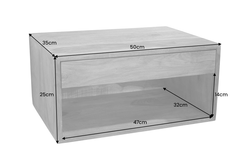 Table de chevet suspendue PURE 50cm marron Sheesham bois massif finition pierre étagère tiroir