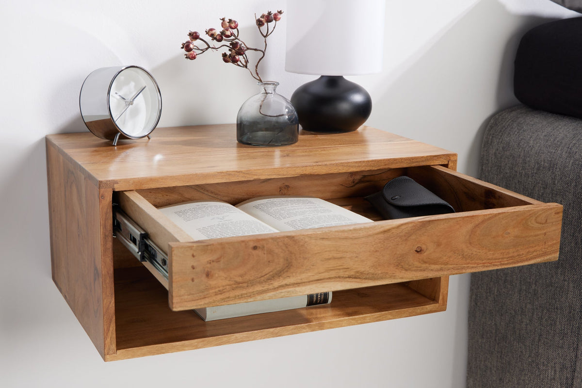 Table de chevet suspendue PURE 50cm tiroir en bois massif d’acacia marron finition miel