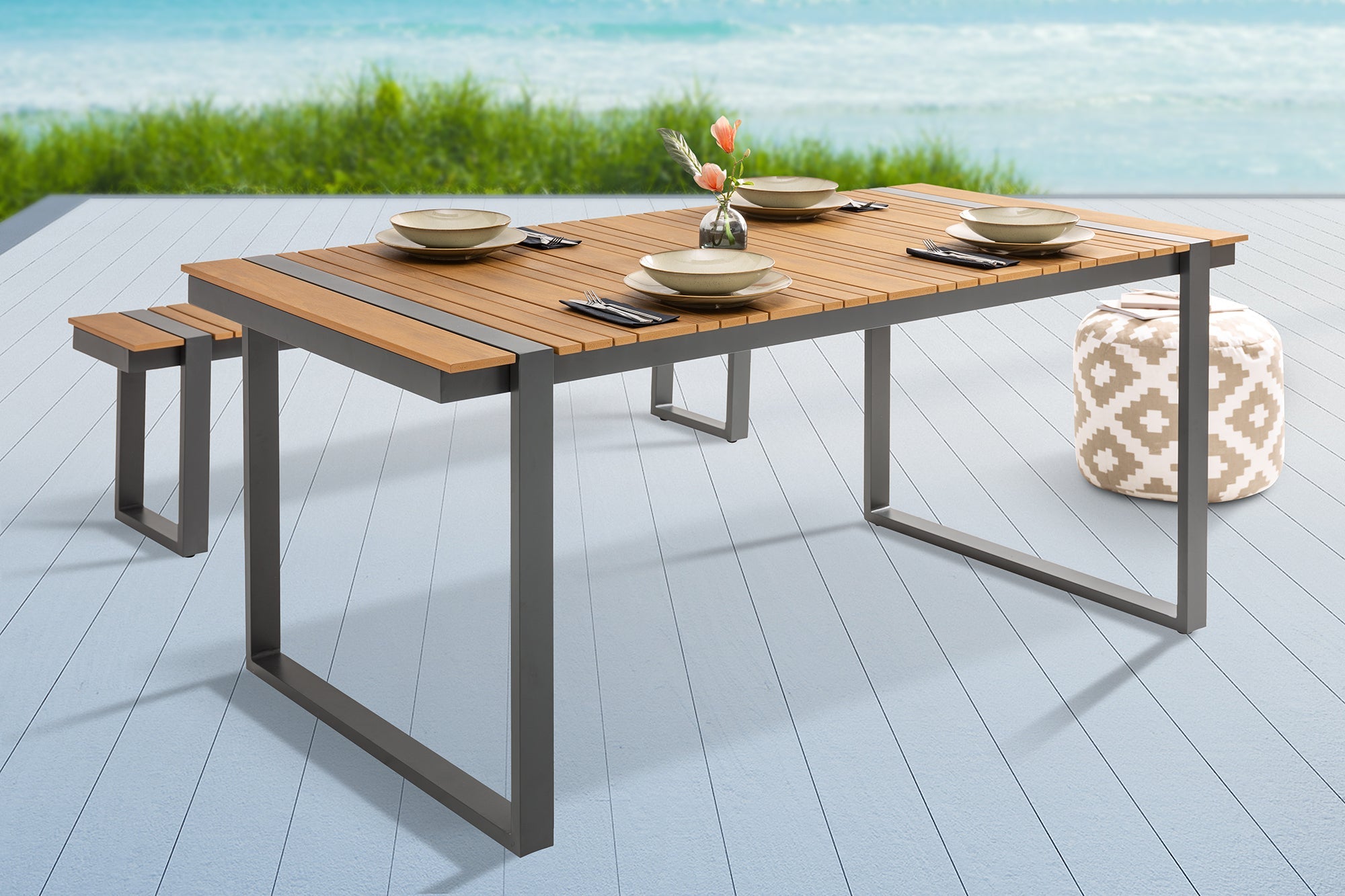 TAMPA LOUNGE mesa de jardín moderna 180 cm de aluminio gris natural resistente a la intemperie mesa de comedor al aire libre